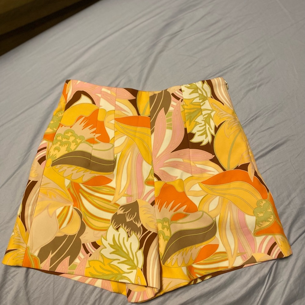 Zara High Waist Floral Print Shorts in Yellow, Orange, Pink, Brown